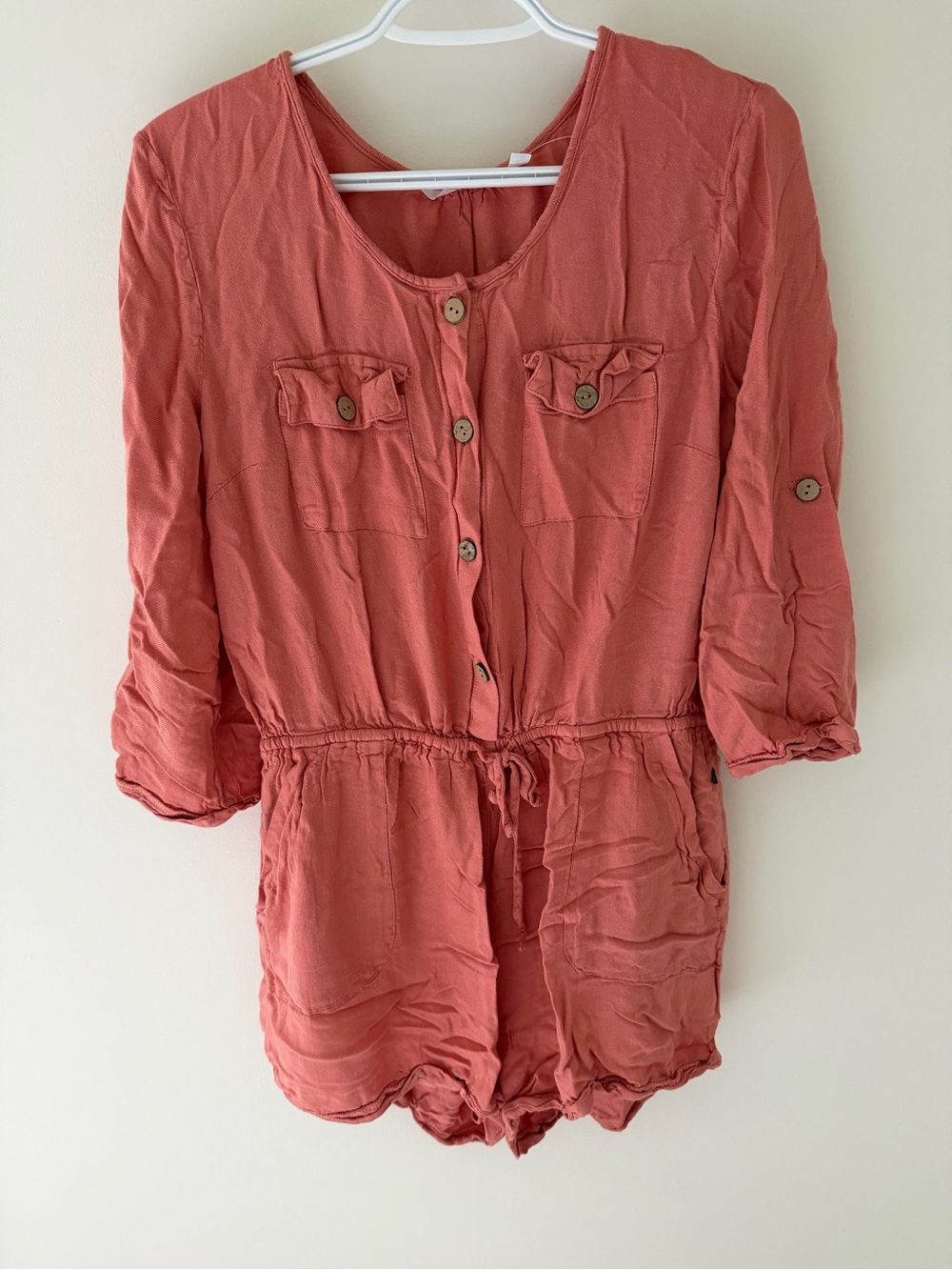 La Vie En Rose Coral Button Romper with Drawstring Waist